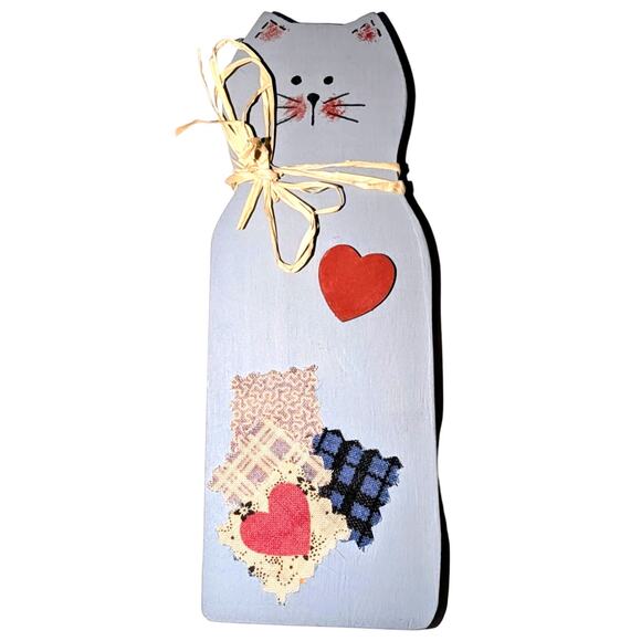 Vtg 1997 Hand Painted Artisan Wooden Kitty Cat Figure Sculpture 6.5 in. Blue - Picture 1 of 4